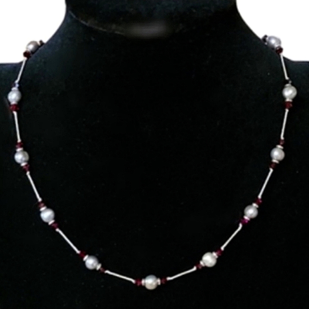 LORI RAE Necklace Silver Pearl & Red Crystal 18.5" Birthstone of June Ch…